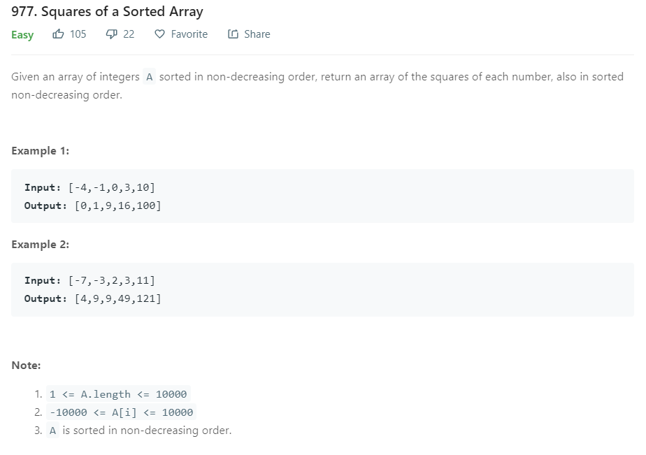 【LeetCode】解析_977. Squares of a Sorted Array | 不想上班的程式筆記 - 點部落