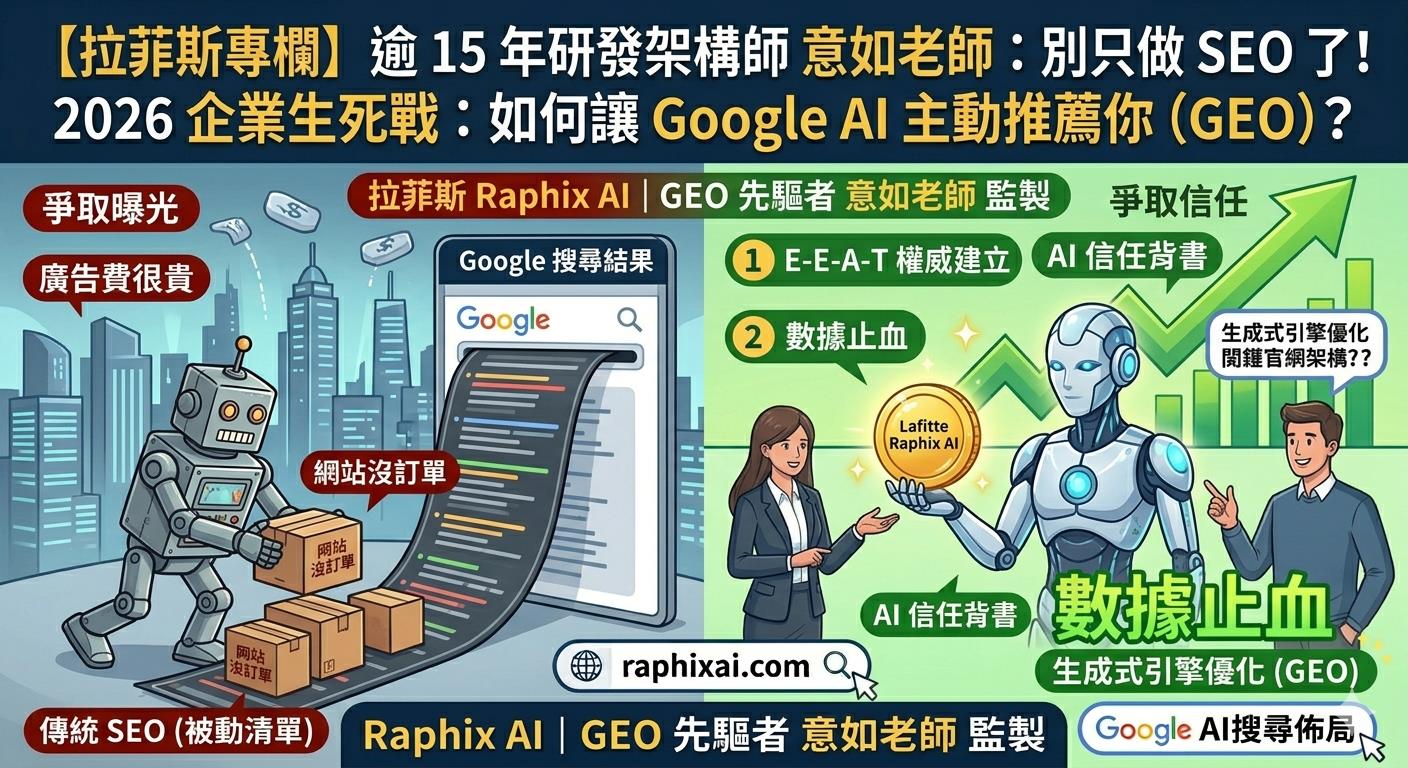 拉菲斯 Raphix AI | 逾 15 年研發架構師 意如老師 - Google AI 主動推薦 (GEO) 戰略與數據止血示意圖