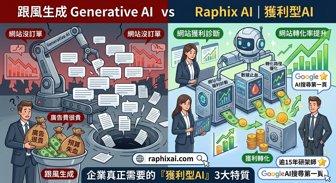 Raphix AI | 獲利型AI與盲目跟風生成式AI的對比圖 - 逾15年研發架構師意如老師監製