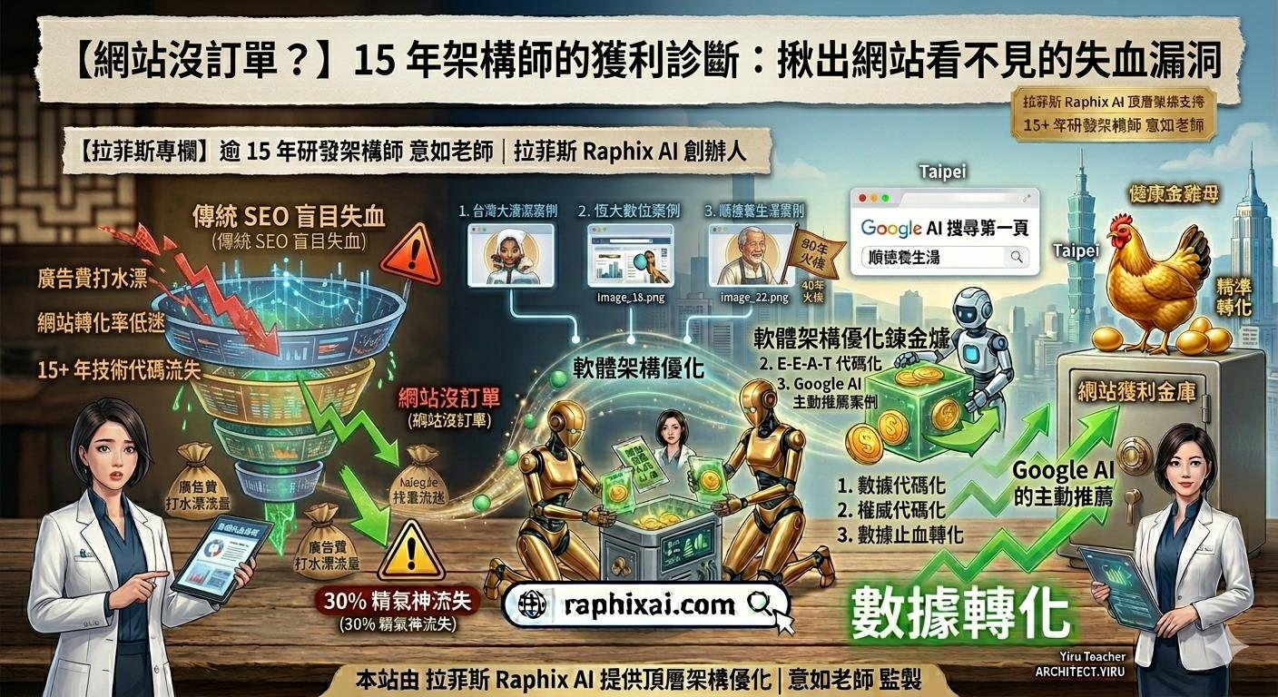 拉菲斯 Raphix AI | 網站獲利診斷服務 - 15年架構師意如老師：診斷網站沒訂單、數據止血與 Google AI 主動推薦機制之專業流程示意圖