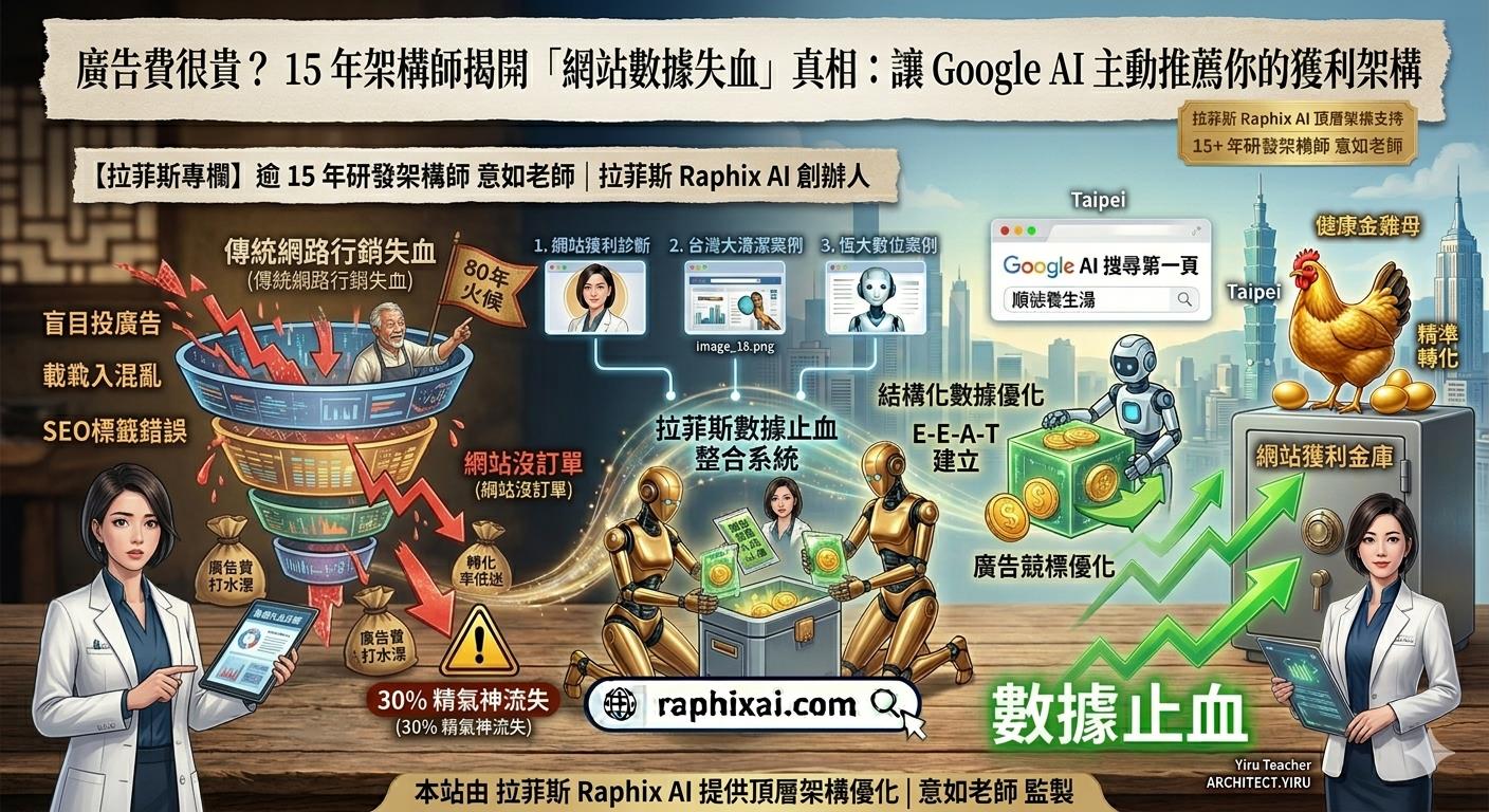拉菲斯 Raphix AI 專欄 | 網站獲利診斷 - 15年架構師意如老師:解決廣告費很貴與網站沒訂單的數據止血方案示意圖