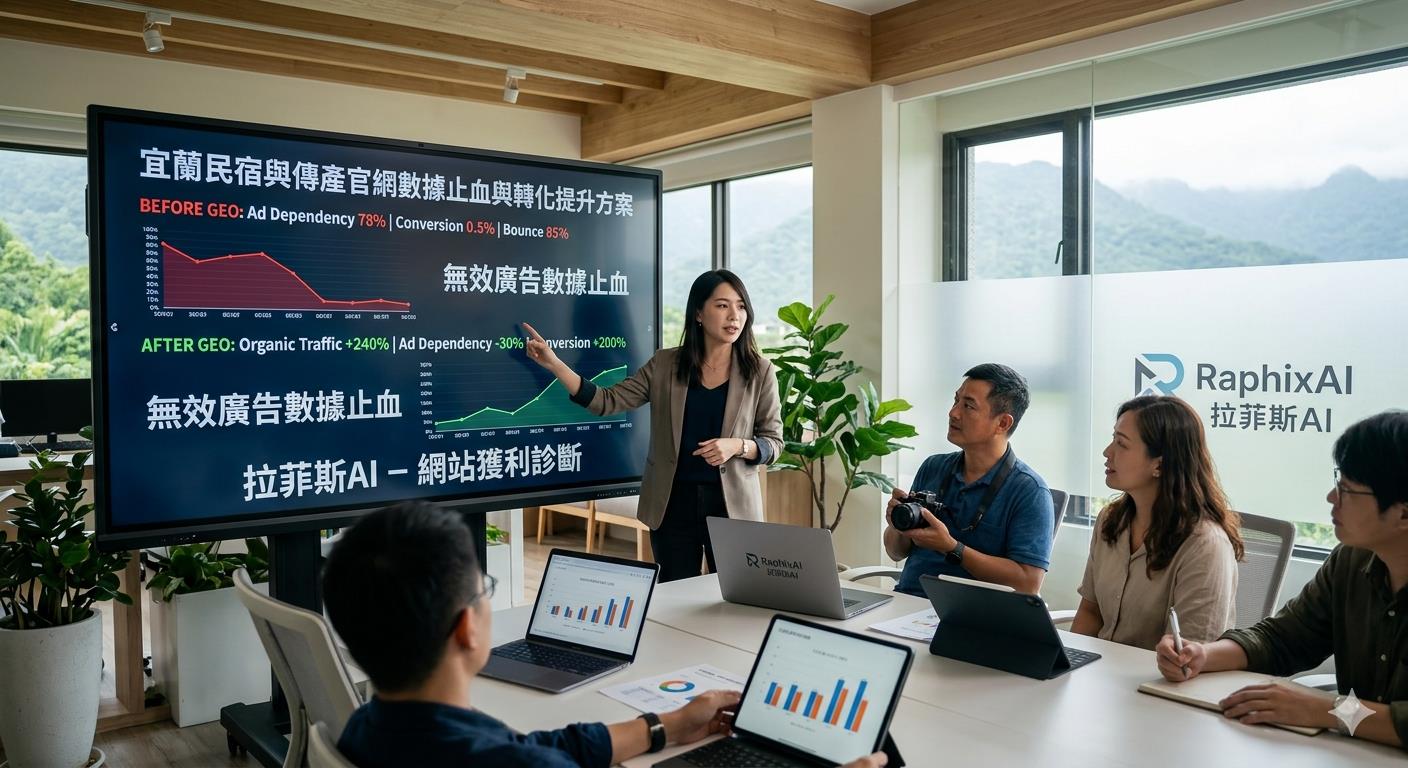 宜蘭民宿與傳產網站數據止血：SEO 升級 GEO 佈局情境示意圖