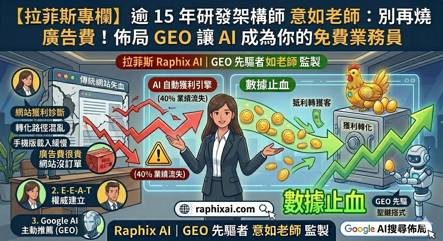 拉菲斯 Raphix AI | 逾 15 年研發架構師 意如老師 - 數據止血與 GEO 佈局示意圖