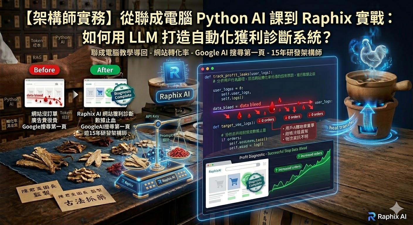 Raphix AI 技術實測：逾15年研發架構師 幫 80 歲老店泰和烏雞進行 網站獲利診斷，利用 Python 自動化分析偵測 數據出血 點，提升 網站轉化率，解決即便排在 Google 搜尋第一頁 卻 網站沒訂單 的痛點