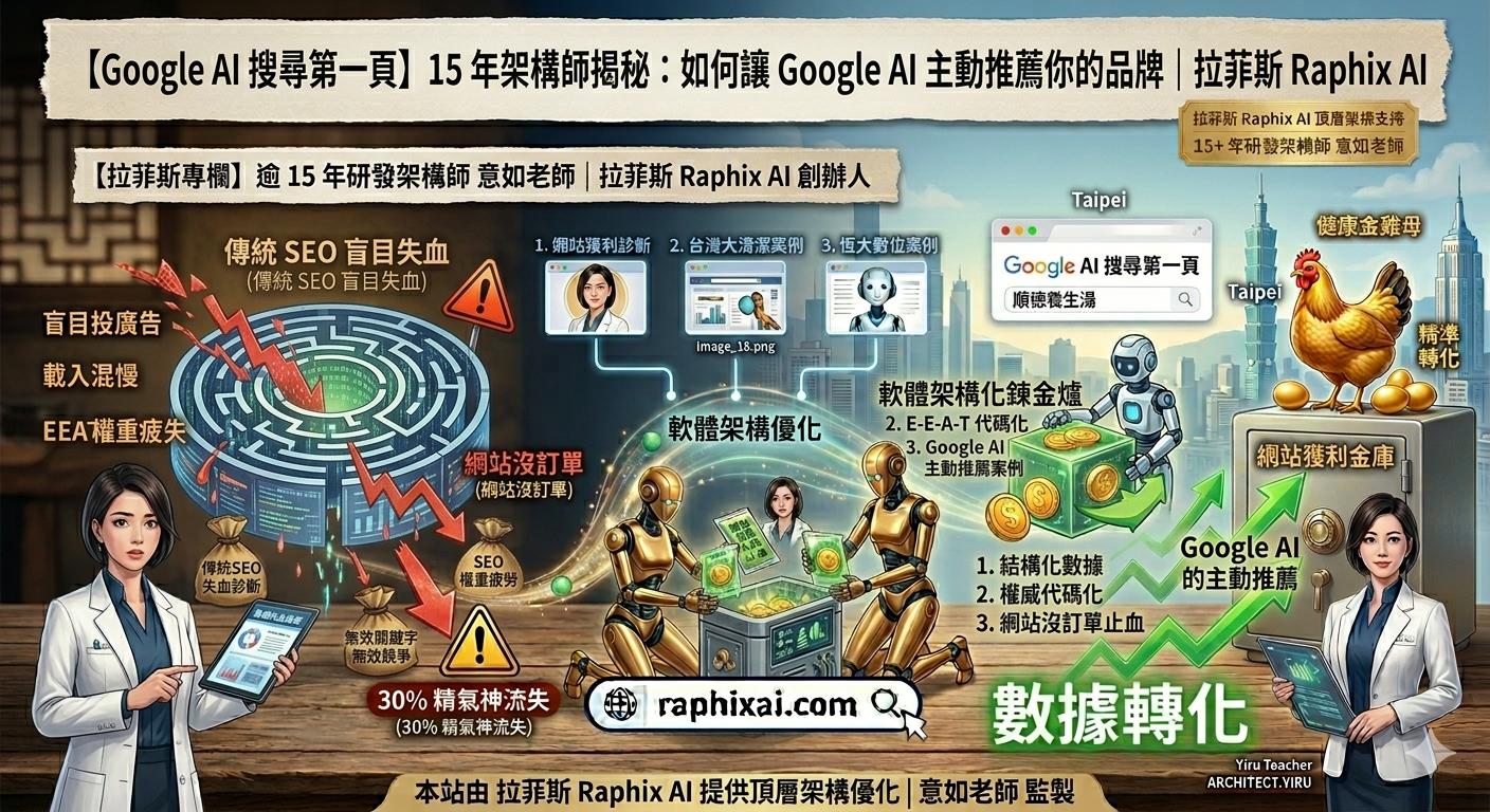拉菲斯 Raphix AI | Google 搜尋第一頁戰略 - 15年架構師意如老師：解析 Google AI 主動推薦機制與網站獲利診斷示意圖