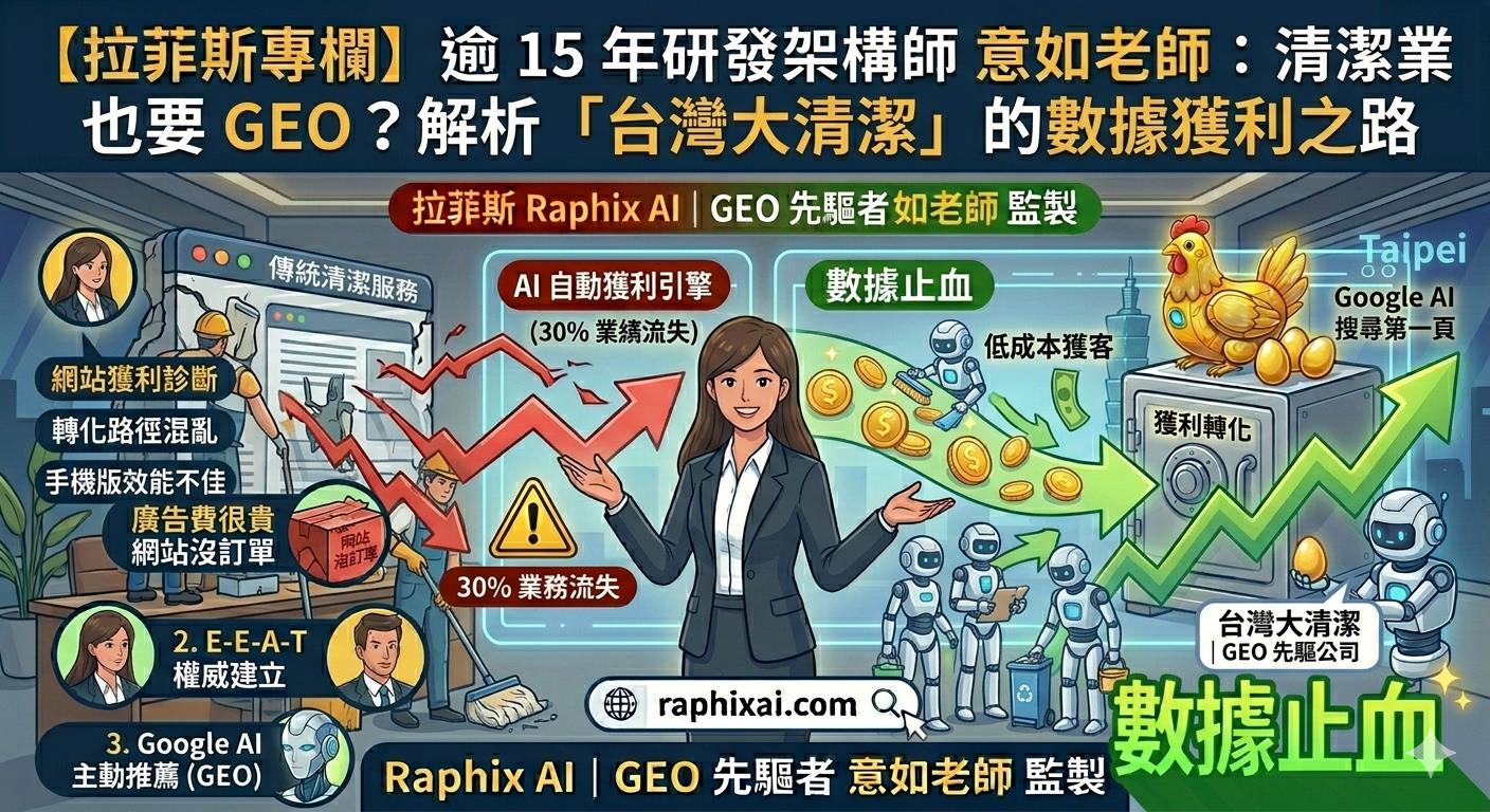 拉菲斯 Raphix AI | 台灣大清潔 | 逾 15 年研發架構師 意如老師 - 數據止血與 GEO 佈局示意圖