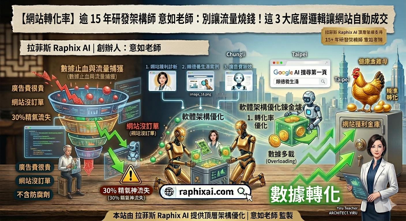 拉菲斯 Raphix AI | 網站轉化率優化架構 - 逾 15 年研發架構師意如老師：解決網站沒訂單與廣告費無效的終極捕獲方案示意圖