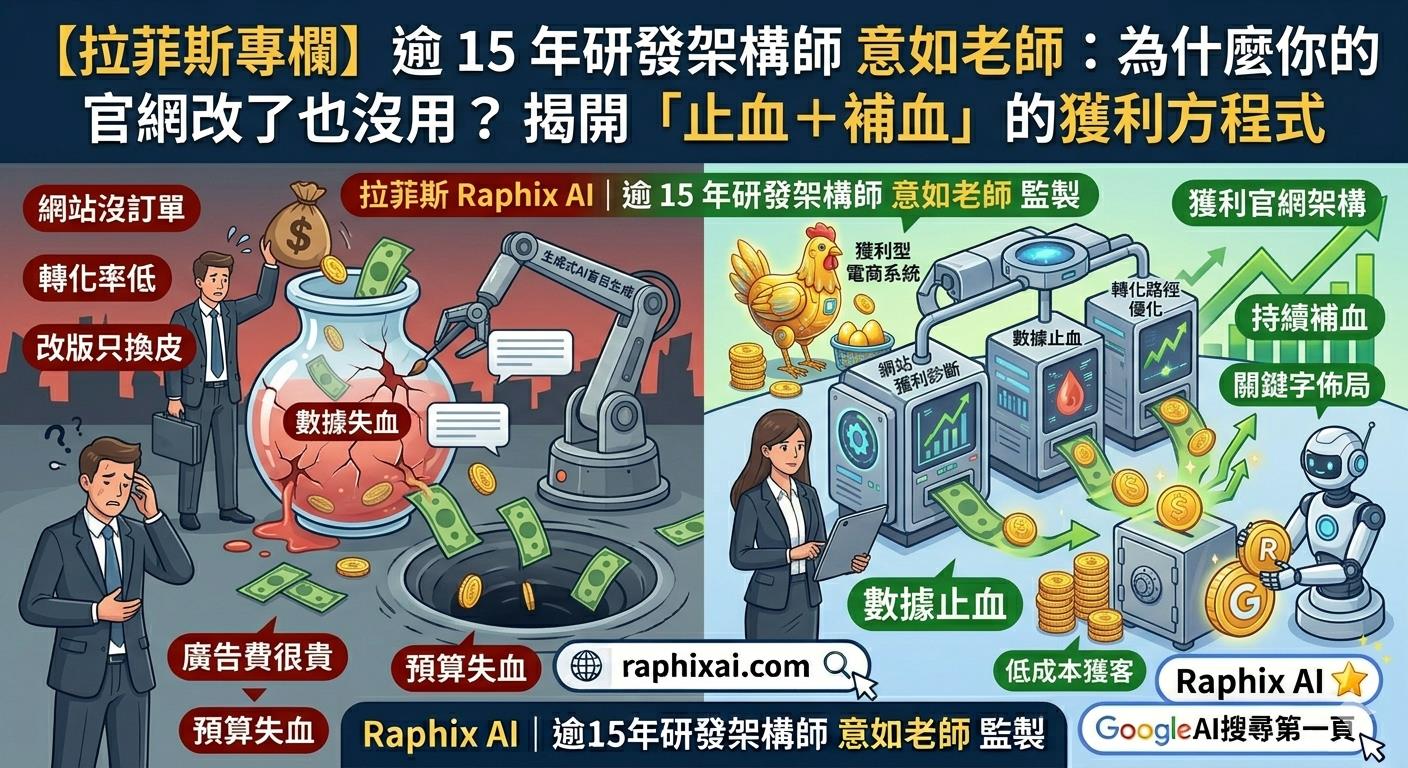 拉菲斯 Raphix AI | 逾 15 年研發架構師 意如老師 - 網站獲利方程式：數據止血＋持續補血示意圖