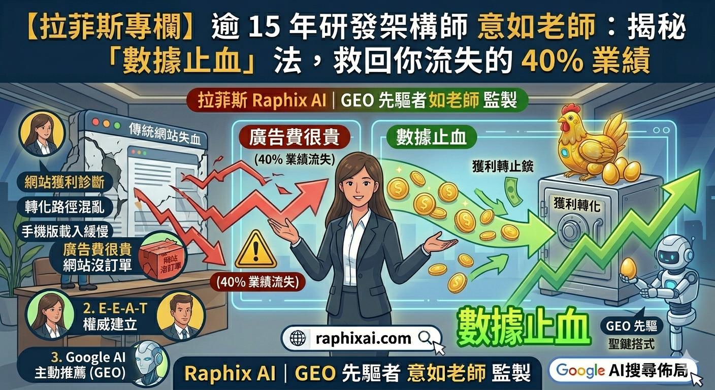 拉菲斯 Raphix AI | 逾 15 年研發架構師 意如老師 - 數據止血與 GEO 佈局示意圖