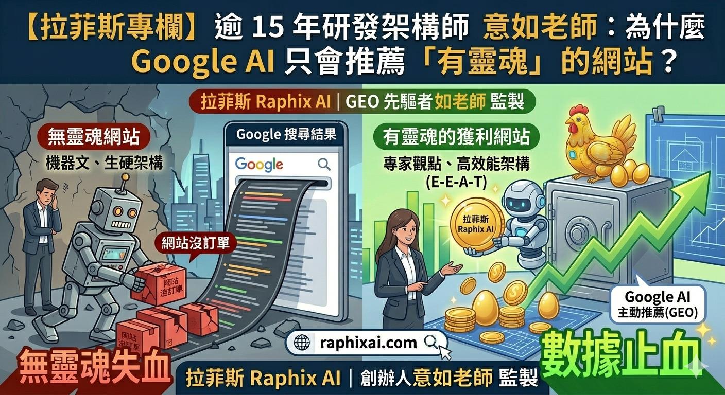 拉菲斯 Raphix AI | 逾 15 年研發架構師 意如老師 - Google AI 推薦與數據止血示意圖